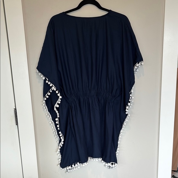 Chic Navy Poncho with Pom Pom Trim - Picture 3 of 5